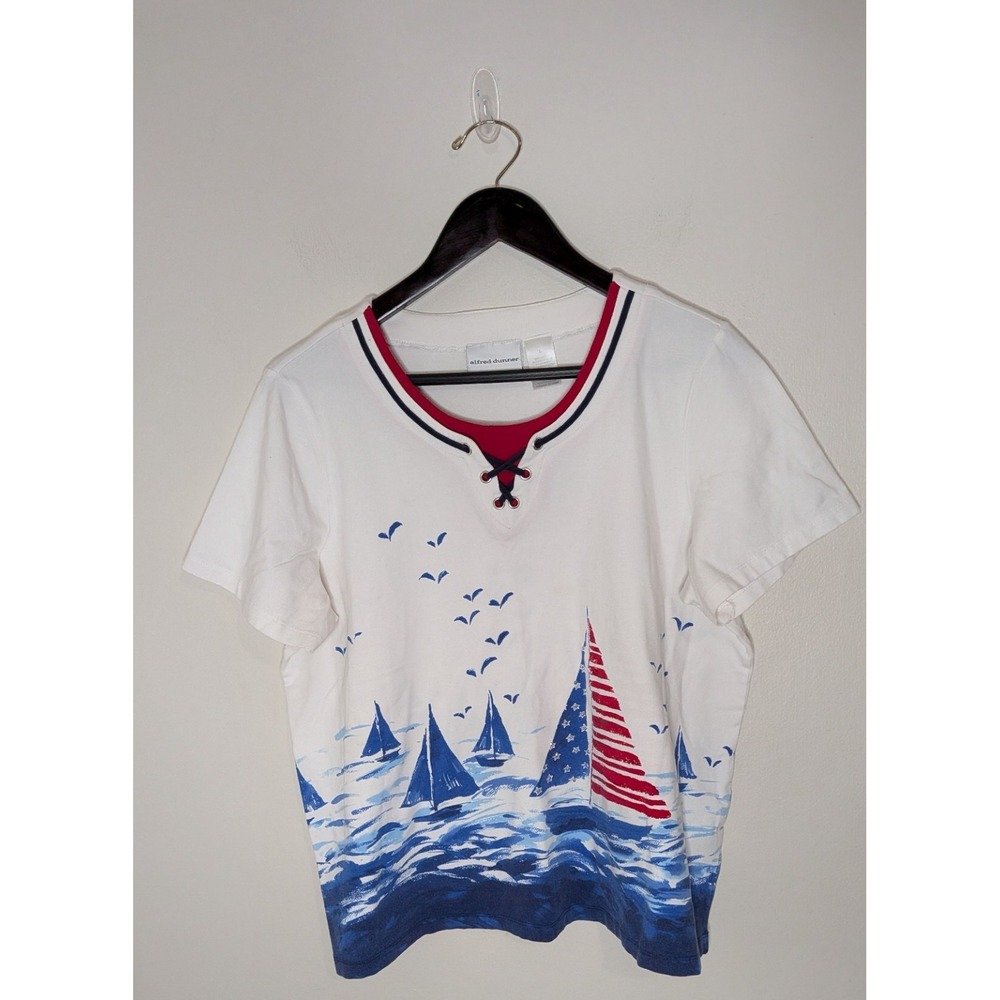 Alfred Dunner Sz L Nautical Sailboat Print Top Coastal Americana July 4TH Summer